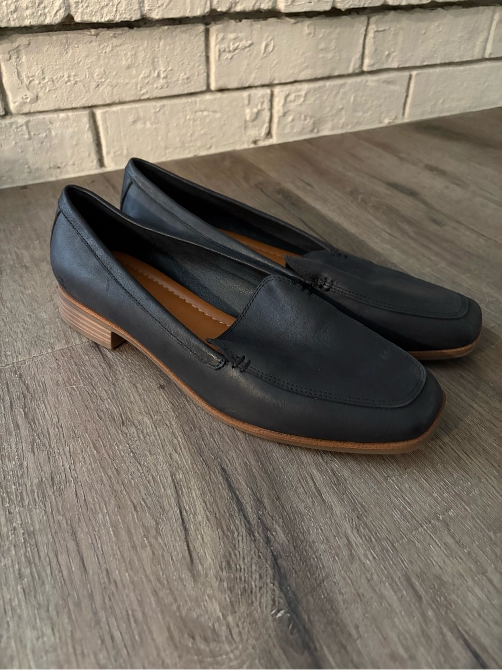 Lucky Brand Black Leather Slip-On Loafers with Tan Wood-Look Heel